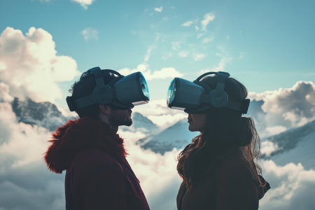 Two individuals wearing virtual reality headsets stand on a mountain peak surrounded by clouds at sunset.の素材