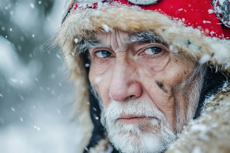 An elderly man with deep wrinkles and piercing eyes stands amidst falling snow, dressed in a fur-lined coat.の素材