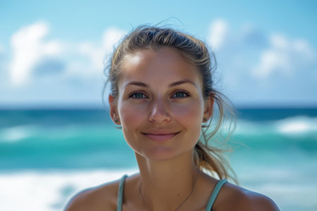 A woman with a joyful expression stands by the beach, with beautiful blue ocean waves behind her under a clear sky.の素材