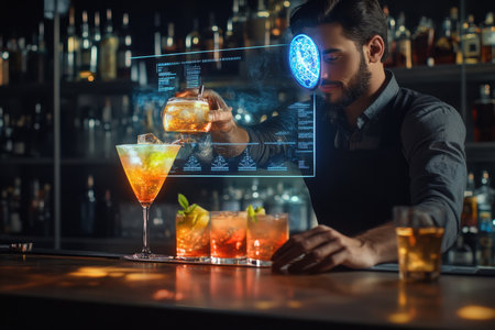 Bartender skillfully pours vibrant cocktails while utilizing digital tools in a lively bar atmosphere.の素材
