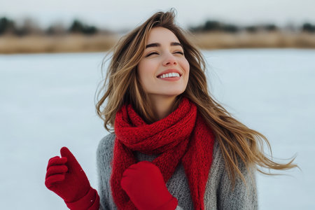 A joyful young woman smiles brightly in a snowy landscape during winter, dressed warmly in red and gray.の素材