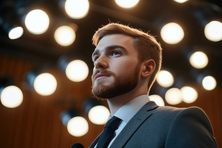 A well-dressed young man gazes thoughtfully while illuminated by stage lights, showcasing confidence.の素材