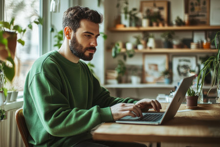 A young man with a beard focuses on his laptop while sitting at a wooden desk surrounded by indoor plants.の素材