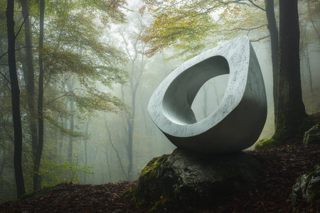 An abstract stone sculpture stands on a large rock amidst a foggy forest filled with autumn foliage.の素材