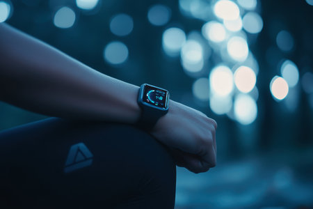 A close-up of a smartwatch on a person's wrist while relaxing in a tranquil forest at dusk.の素材