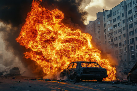 A massive fire erupts from a car, surrounded by smoke and debris in an urban area at dusk.の素材