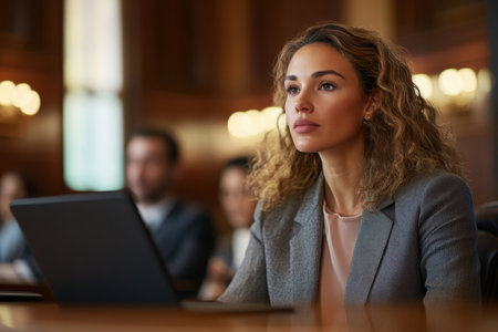 A woman with curly hair sits at a courtroom table, focused on the ongoing proceedings.の素材