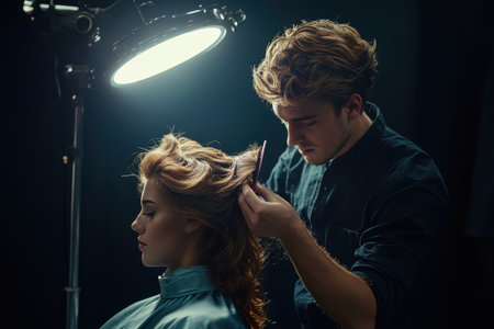 A professional hairstylist styles hair for a client under soft studio lighting in a salon.の素材