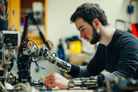 A young man is focused on assembling a robotic arm using advanced technology and tools in a workshop.の素材