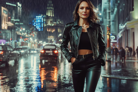 A woman in a leather jacket strolls along a vibrant city street amidst rain and reflections at night.の素材