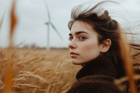 A young woman stands in a golden field, her hair blowing in the wind, looking off into the distance.の素材