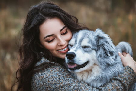 A woman smiles while hugging her blue-eyed dog in a park surrounded by colorful autumn foliage.の素材