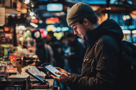 A young man in a warm jacket checks his tablet while surrounded by market stalls and people at twilight.の素材