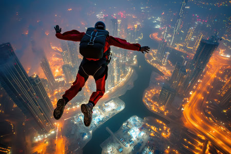 A skydiver jumps from high above a glittering city skyline at night, surrounded by glowing skyscrapers.の素材