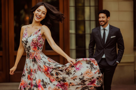 A woman twirls in a colorful floral dress while a man watches her joyfully in a stylish setting.の素材