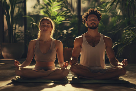 Two individuals find tranquility while meditating amidst lush plants in a peaceful indoor setting.の素材