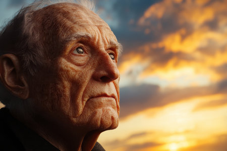 An elderly man reflects under a colorful sky during sunset, showing a moment of quiet contemplation.の素材
