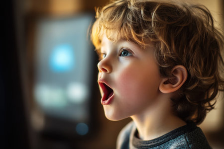 A young child with curly hair expresses surprise while watching something on a screen at home.の素材
