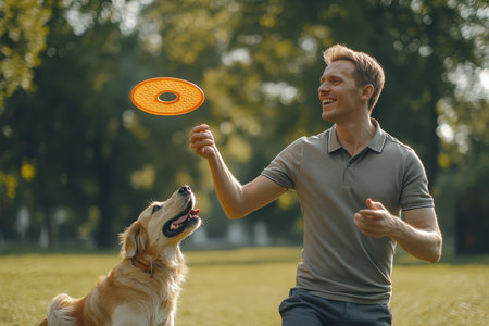 Joyful man interacts with his golden retriever while playing fetch with an orange frisbee outdoors.の素材