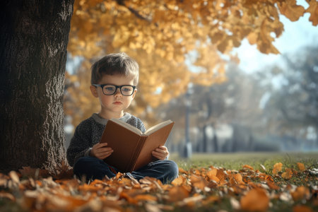 A young boy with glasses sits on the ground reading a book beneath a tree during autumn.の素材