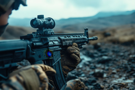 A soldier focuses on aiming a rifle while positioned in a muddy landscape under a cloudy sky.の素材