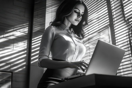 A focused woman in a stylish outfit types on her laptop in a contemporary office with sunlight streaming through blinds.の素材