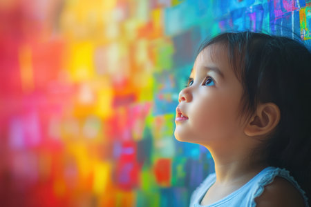 A young child admires a wall covered in bright, colorful artwork, filled with curiosity and awe.の素材