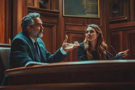 Two attorneys are discussing strategies in a wood-paneled courtroom setting as a trial unfolds.の素材