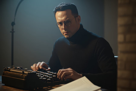 A man in a black turtleneck is intently focused on typing a story on a typewriter in low light.の素材