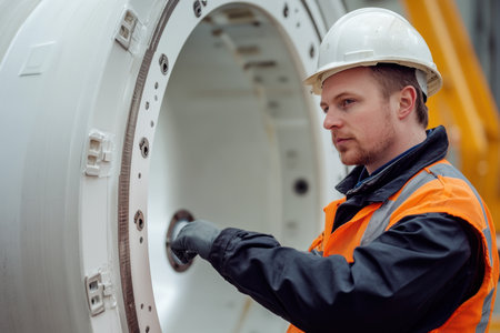 Worker in safety gear inspects and maintains large machinery at an industrial location during the day.の素材