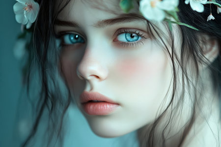 Close-up of a girl with striking blue eyes, adorned with a delicate flower crown in a serene atmosphere.の素材