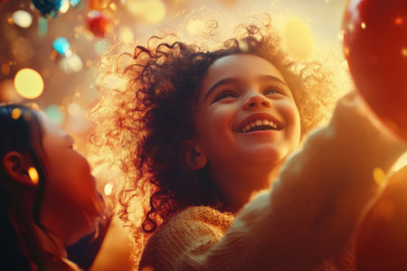 Joyful children celebrate with balloons and sparkling lights creating a vibrant atmosphere of fun.の素材