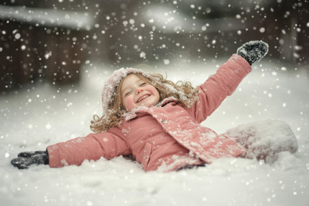 A joyful girl with curly hair lies in fresh snow, arms outstretched, smiling brightly in a winter wonderland.の素材
