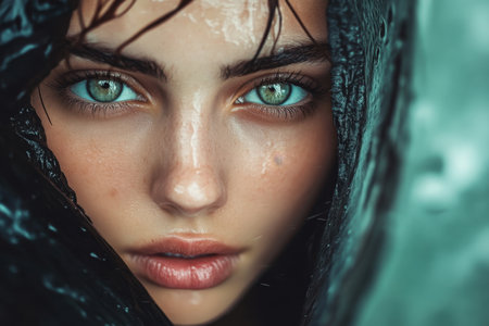 A young woman's striking green eyes glisten as raindrops slide down her face, highlighting her beauty.の素材