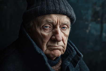 An elderly man gazes thoughtfully, dressed warmly in a knitted cap and coat against a dark backdrop.の素材