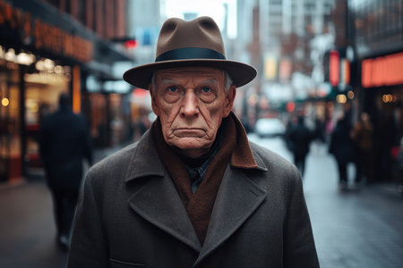 An elderly man wearing a hat and coat stands firmly on a busy urban street filled with pedestrians.の素材