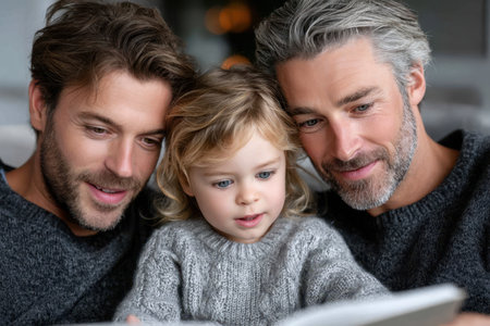 Two fathers share a joyful moment reading with their child, surrounded by warmth and love at home.の素材