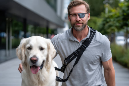 A man with an eye patch enjoys a stroll with his golden retriever in a modern city setting.の素材