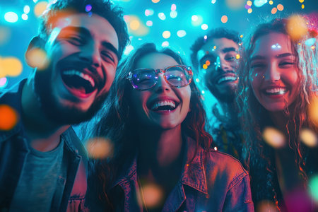 Four friends are sharing joyful laughter and smiles amidst colorful lights during a lively gathering at night.の素材