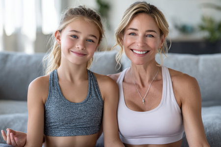 Joyful mother and daughter bond as they practice yoga at home, showing love and wellness lifestyle.の素材