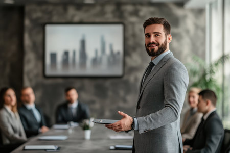 A well-dressed man presents in front of a captivated group of professionals in a modern conference room.の素材