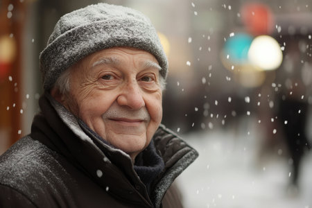 An elderly man enjoys the snowfall while smiling warmly, surrounded by blurred city lights and winter ambiance.の素材