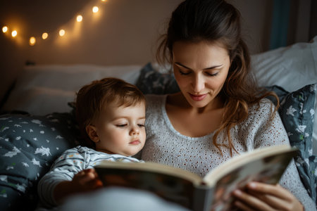 A mother shares a bedtime story with her child while nestled in a cozy bed surrounded by soft pillows.の素材