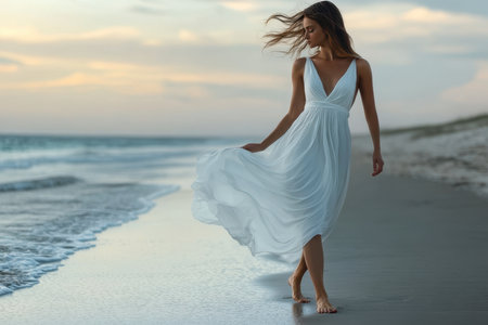 A young woman strolls along the shoreline, the ocean waves gently lapping at her feet during sunset.の素材