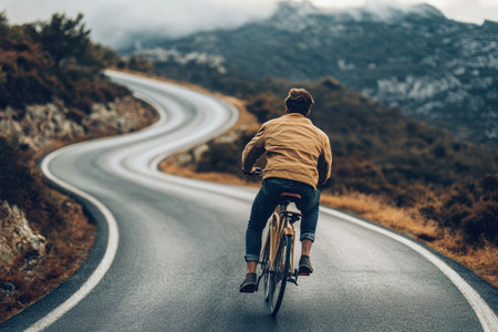 A cyclist rides alone on a curvy road surrounded by scenic mountains under a cloudy sky.の素材