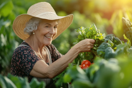 A smiling elderly woman picks lettuce and tomatoes in a sunlit garden filled with greenery.の素材