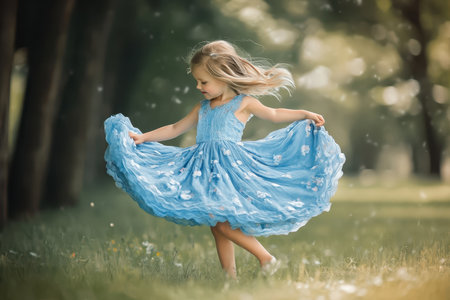 A child spins happily in a flowing blue dress, enjoying the fresh air in a sunlit park filled with greenery.の素材