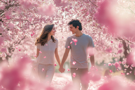 Two people enjoy a romantic stroll through a pathway lined with vibrant cherry blossoms in spring.の素材