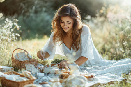 A woman smiles while arranging food for a picnic on a sunny day in a lush green meadow, embracing nature.の素材