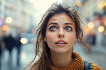 A young woman with striking blue eyes looks up in awe while walking through a lively urban area.の素材